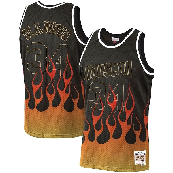 Men's Houston Rockets #34 Hakeem Olajuwon Black 1993-94 Mitchell & Ness Hardwood Classics Flames Swingman Stitched Jersey Men's Houston Rockets #34 Hakeem Olajuwon Black 1993-94 Mitchell & Ness Hardwood Classics Flames Swingman Stitched Jersey